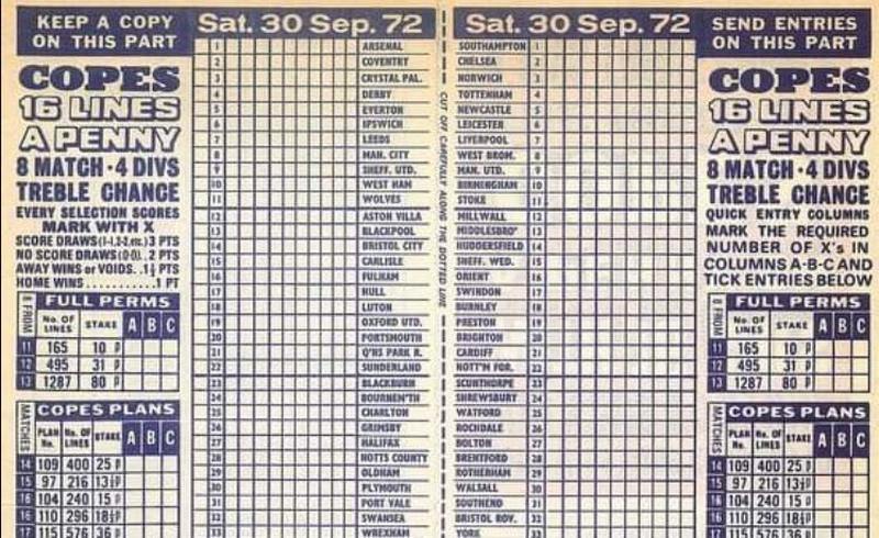 Football Pools Coupon 1970s